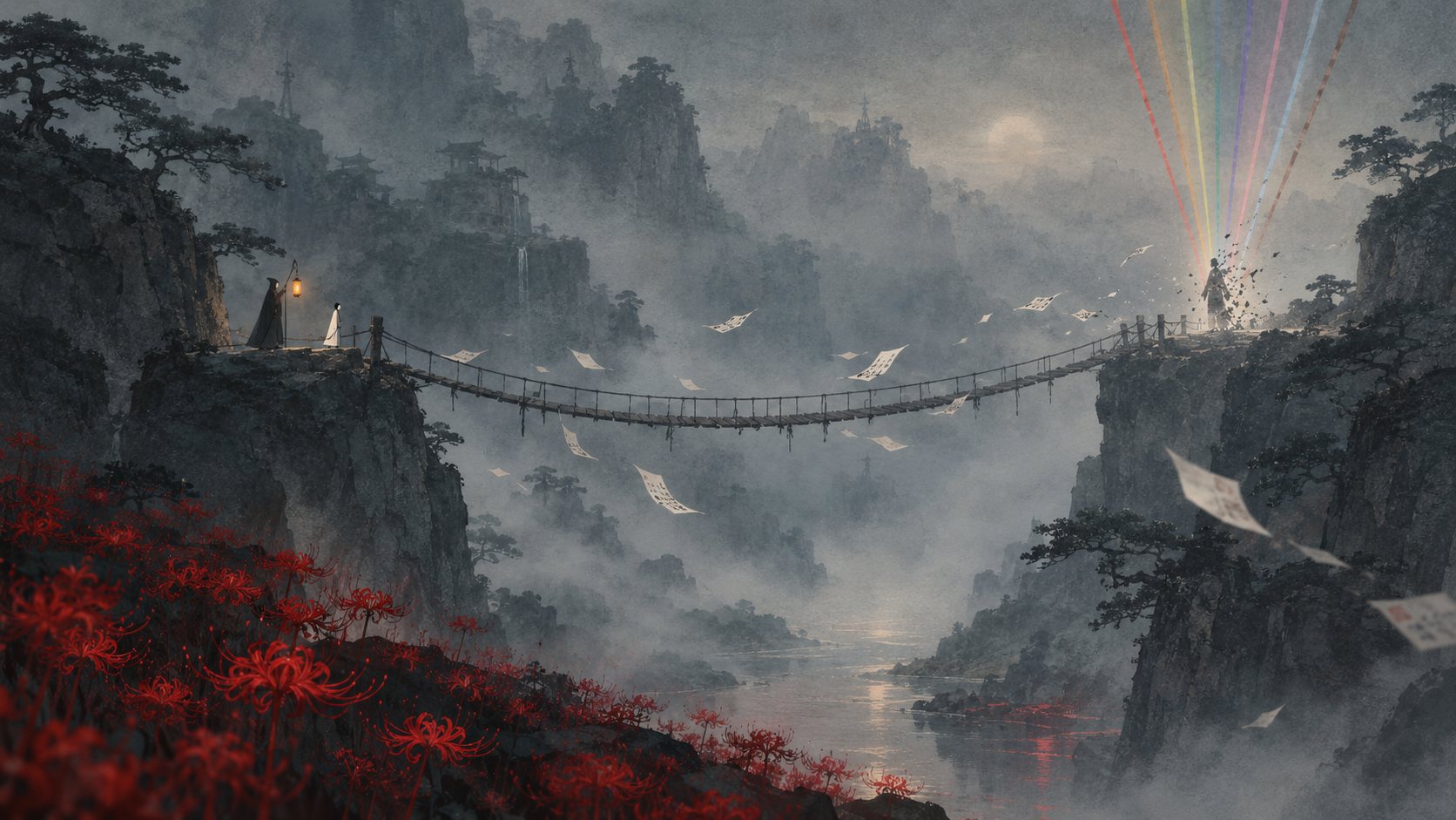 Ink-wash concept art: a lantern-bearer and a small white figure stand at a misty rope bridge above a river; red spider lilies in the foreground; on the far cliff a figure dissolves into nine beams of colored light.