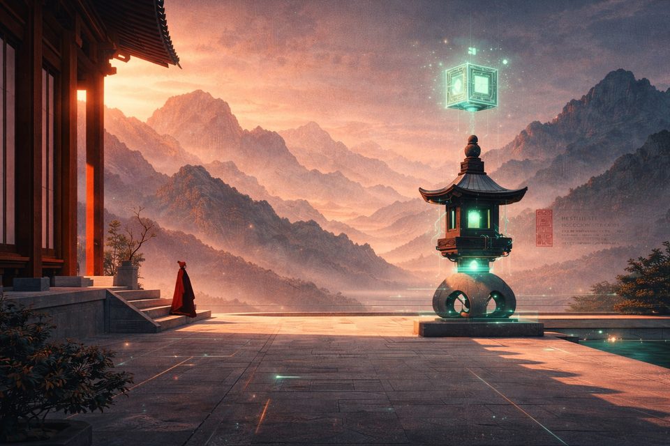 The Lantern Terrace: Early mood concept — a temple terrace at dusk and a lantern holding a fragment of memory.